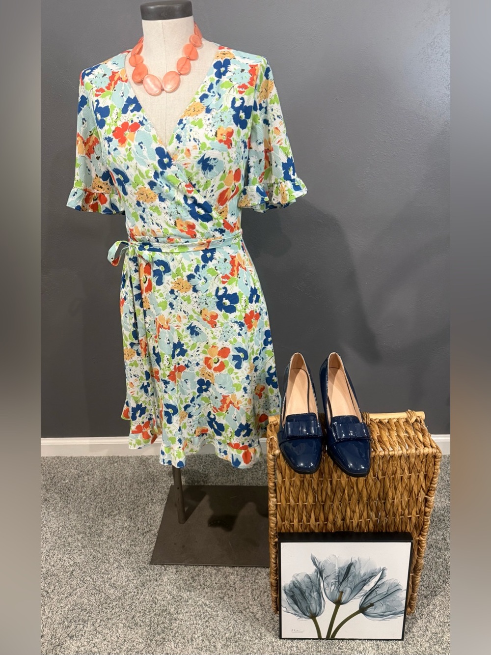 Ralph Lauren Floral Wrap Dress in Light Blue with Orange and Navy Accents